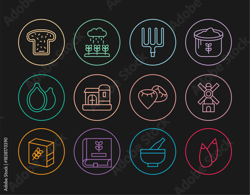 Set line Seed, Windmill, Garden pitchfork, Farm house, Pumpkin seeds, Bread toast, and Plant sprouts grow the rain icon. Vector