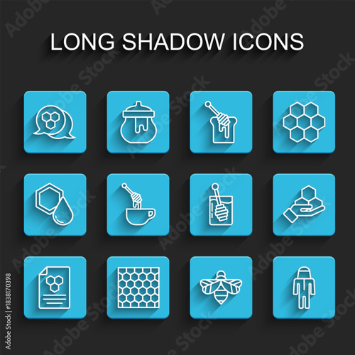Set line Honeycomb, Bee, Beekeeper with protect hat, dipper stick honey, and hand and icon. Vector