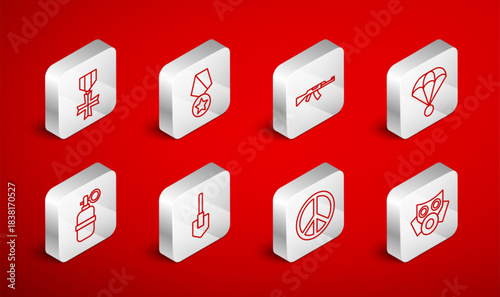 Set line Gas mask, Military reward medal, Submachine gun, Parachute, Peace, Shovel and Hand grenade icon. Vector