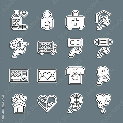 Set line Blood donation, Donation and charity, Medical protective mask, First aid kit, Humanitarian truck, Leaf in hand, Medicine bottle pills and icon. Vector