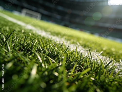 Close-up of Fresh Green Soccer Field Grass and White Line with Blurred Stadium Lights in the Background