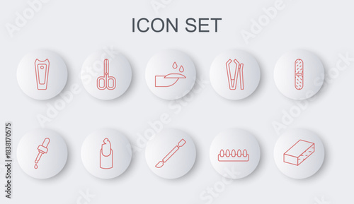 Set line Nail file, Pipette with oil, manicure, False nails, cutter, scissors, Broken and Cuticle pusher icon. Vector
