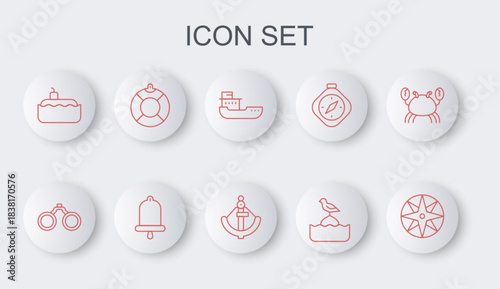 Set line Wind rose, Binoculars, Cargo ship, Seagull sits on buoy, Submarine, Lifebuoy, Ship bell and Anchor icon. Vector