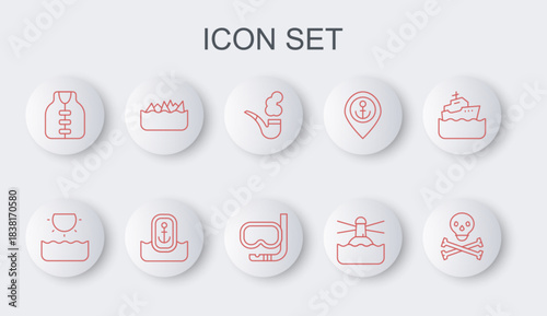 Set line Skull on crossbones, Sun, Smoking pipe, Lighthouse, Life jacket, Sharp stone reefs, Location with anchor and Diving mask and snorkel icon. Vector