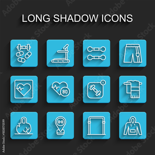 Set line Broken weight, Location gym, Sports doping with dumbbell, horizontal bar, Hoodie, Heart rate, Towel hanger and Fitness app icon. Vector