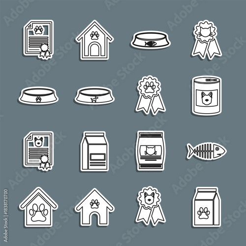 Set line Bag of food for pet, Fish skeleton, Canned dog, Pet bowl, Certificate cat and award symbol icon. Vector