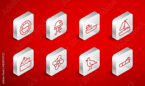 Set line Inflatable boat with motor, Jellyfish, Cargo ship, Yacht sailboat, Bird seagull, Ship porthole, Boat propeller and Cruise icon. Vector