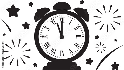 Black alarm clock with roman numerals and festive bursts