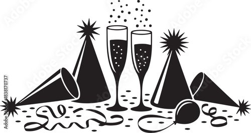 Black and white celebration party elements with champagne glasses