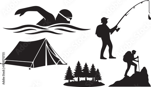 A vibrant collection of versatile vector silhouettes representing diverse outdoor adventure and recreational activity concepts, ideal for nature and lifestyle designs
