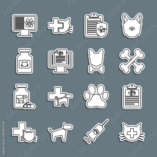 Set line Veterinary clinic, Clinical record pet, Crossed bones, monitor, Cat medicine bottle, and Dog and icon. Vector