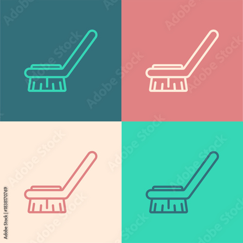 Pop art line Brush for cleaning icon isolated on color background. Cleaning service concept. Vector Illustration