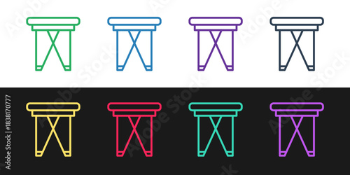 Set line Camping portable folding chair icon isolated on black and white background. Rest and relax equipment. Fishing seat. Vector