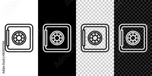 Set line Safe icon isolated on black and white background. The door safe a bank vault with a combination lock. Reliable Data Protection. Vector