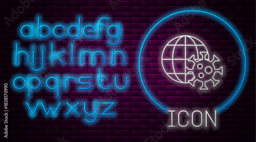 Glowing neon line Earth globe with virus icon isolated on brick wall background. Corona virus 2019-nCoV. Bacteria and germs, cell cancer, microbe, fungi. Neon light alphabet. Vector.