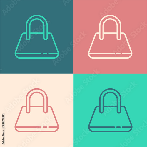 Pop art line Handbag icon isolated on color background. Female handbag sign. Glamour casual baggage symbol. Vector Illustration