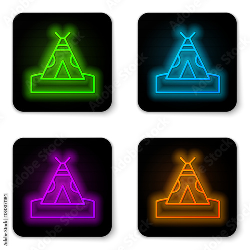 Glowing neon line Traditional indian teepee or wigwam icon isolated on white background. Indian tent. Black square button. Vector