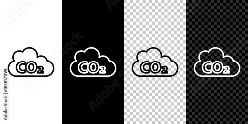 Set line CO2 emissions in cloud icon isolated on black and white background. Carbon dioxide formula, smog pollution concept, environment concept. Vector