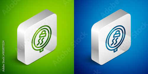 Isometric line Slippery road traffic warning icon isolated on green and blue background. Traffic rules and safe driving. Silver square button. Vector