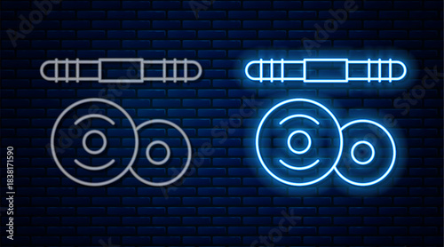 Glowing neon line Barbell icon isolated on brick wall background. Muscle lifting icon, fitness barbell, gym, sports equipment, exercise bumbbell. Vector
