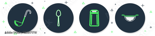 Set line Spoon, Salt and pepper, Kitchen ladle and colander icon. Vector