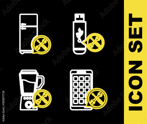Set line USB flash drive service, Mobile Apps, Blender and Refrigerator icon. Vector
