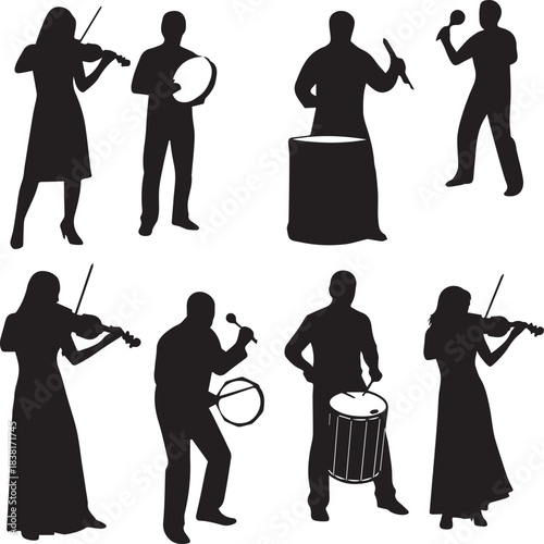 A Captivating Ensemble of Musician Silhouettes Performing with Diverse Instruments, Showcasing the Energy and Artistry of Live Music and Cultural Celebration