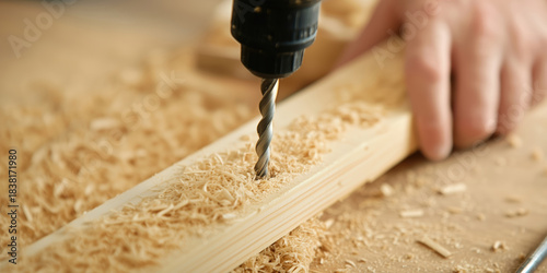 Person is using a drill to make a hole in a piece of wood. The wood is covered in sawdust, and the person's hand is holding the drill. Concept of manual labor