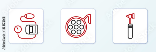 Set line Medical otoscope tool, Blood pressure and Surgery lamp icon. Vector