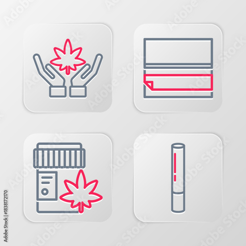 Set line Marijuana joint, Medical bottle with marijuana, Rolling paper and or cannabis leaf icon. Vector