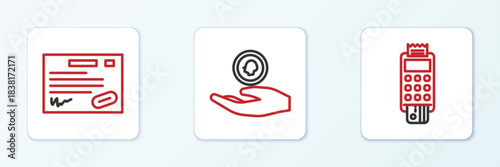 Set line POS terminal with credit card, Warranty certificate template and Hand holding coin money icon. Vector