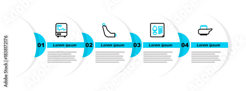 Set line Bedpan, X-ray shots, Inhaler and Monitor with cardiogram icon. Vector