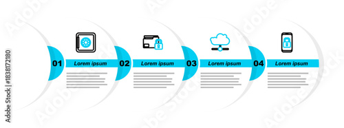 Set line Mobile with closed padlock, Network cloud connection, Folder and and Safe icon. Vector