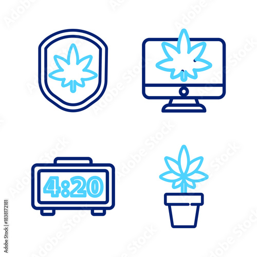 Set line Marijuana or cannabis plant, Digital alarm clock, Monitor and marijuana and Shield leaf icon. Vector