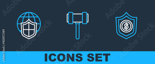 Set line Shield with dollar, world globe and Judge gavel icon. Vector