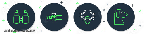 Set line Sniper optical sight, Deer antlers on shield, Binoculars and Dog icon. Vector