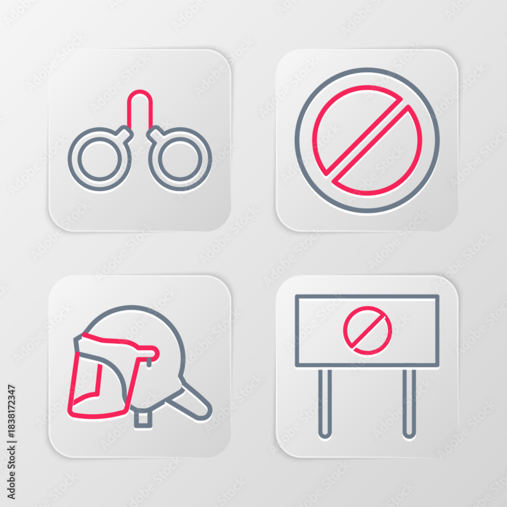 Naklejka premium Set line Protest, Police helmet, Ban and Handcuffs icon. Vector