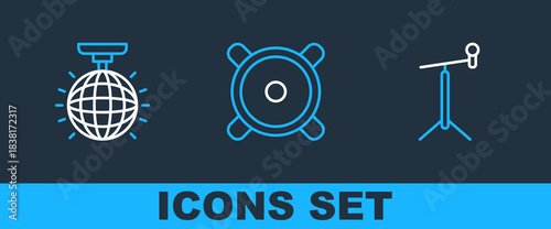 Set line Microphone with stand, Disco ball and Stereo speaker icon. Vector