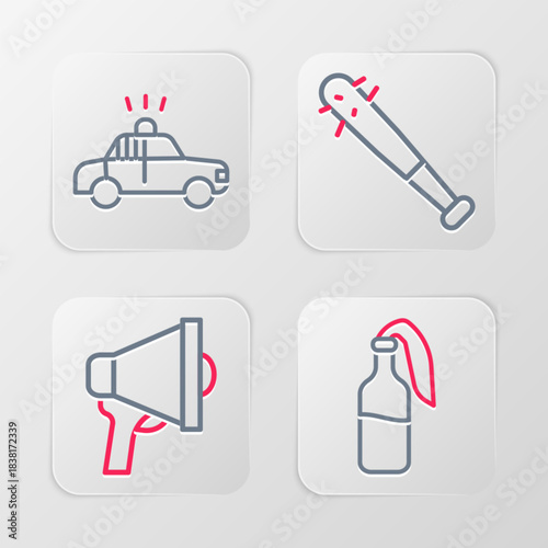 Set line Cocktail molotov, Megaphone, Baseball bat with nails and Police car and flasher icon. Vector