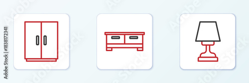 Set line Table lamp, Wardrobe and Chest of drawers icon. Vector
