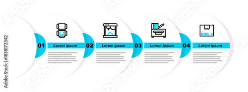Set line Carton cardboard box, Copy machine, 3D printer and icon. Vector