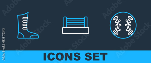 Set line Baseball ball, Sport boxing shoes and Boxing ring icon. Vector