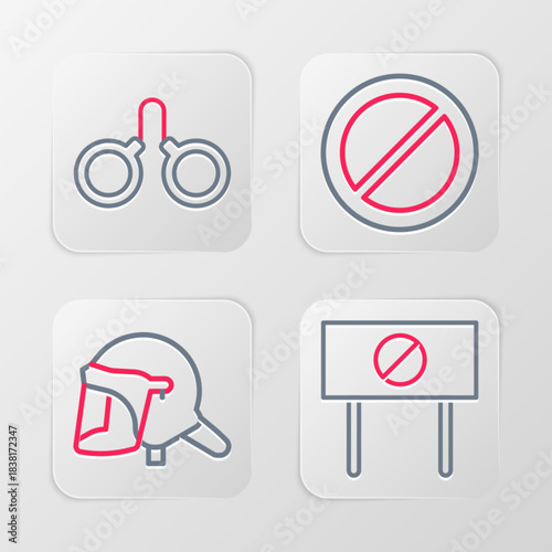 Set line Protest, Police helmet, Ban and Handcuffs icon. Vector