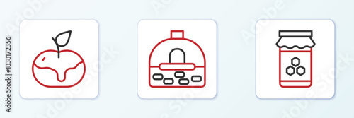 Set line Jar of honey, Apple in caramel and Brick stove icon. Vector