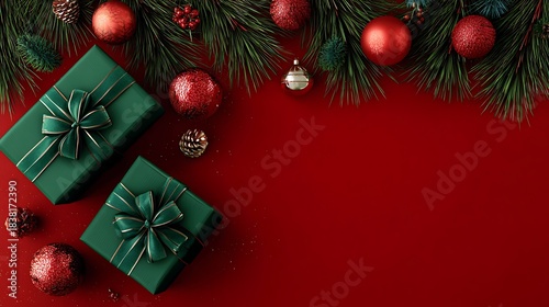 Christmas background with green gifts and festive decorations on a vibrant red surface, perfect for holiday greetings and ads