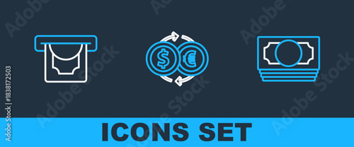 Set line Stacks paper money cash, ATM and and Money exchange icon. Vector