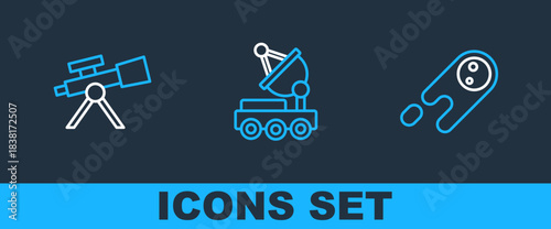 Set line Comet falling down fast, Telescope and Mars rover icon. Vector