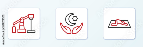 Set line Muslim man prays, Oil pump or pump jack and Star and crescent icon. Vector