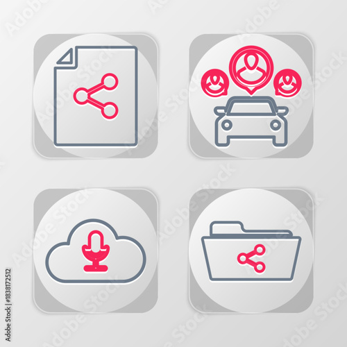 Set line Share folder, Music streaming service, Car sharing and file icon. Vector