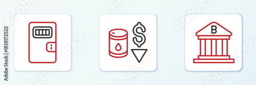 Set line Bank building, Prison cell door and Drop crude oil price icon. Vector